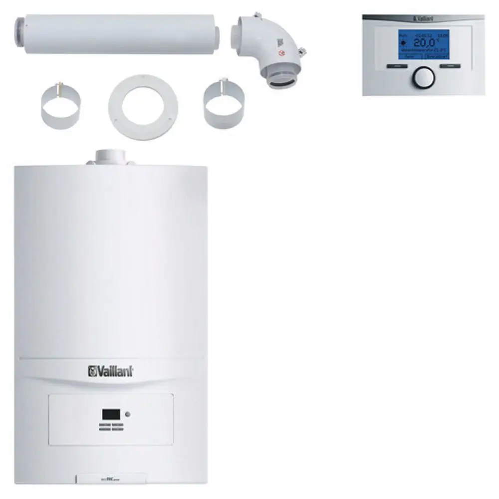 Vaillant Heizungsgerät mit digitalem Display und Abgasleitungen, einschließlich Rohren und Montagezubehör. Komponenten in Weiß, klar strukturiert.